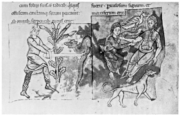 A man slaying a serpent, and two people with a hawk and a hound