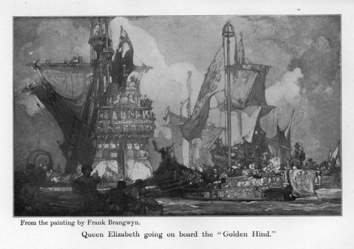 Queen Elizabeth going on board the "Golden Hind."  From the painting by Frank Brangwyn.