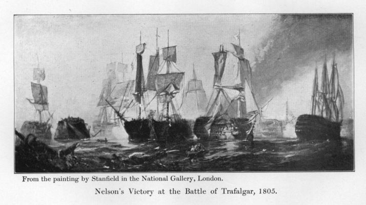 Nelson's Victory at the Battle of Trafalgar, 1805.  From the painting by Stanfield in the National Gallery, London.