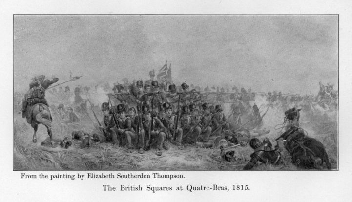 The British Squares at Quattre-Bras, 1815.  From the painting by Elizabeth Southerden Thompson.
