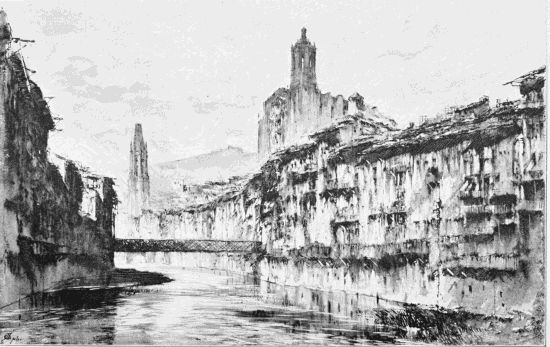 VIEW OF GERONA FROM THE STONE BRIDGE.