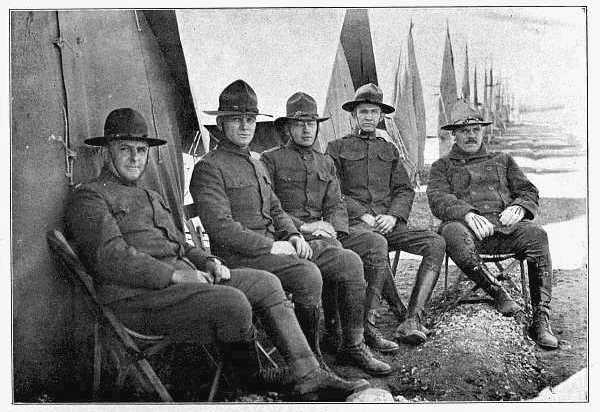 CAMP DONIPHAN, JANUARY,
1917: LT. EDWIN R. TENNEY, LT. ADAM H. ADAMSON, LT. RICHARD T. SPECK, LT. ALPHEUS J. BONDURANT,
LT. PAUL R. SIBERTS.