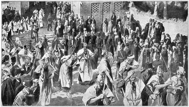 De bloedige processie bij het Moharramfeest te Kerbela. (Naar een afbeelding uit de Illustration.)