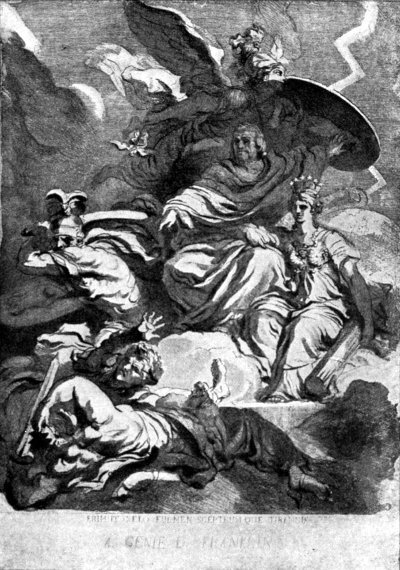 FRANKLIN TEARS THE LIGHTNING FROM THE SKY AND THE SCEPTRE
FROM THE TYRANTS (From a French engraving)