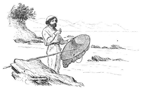 A fisherman with a small fish.