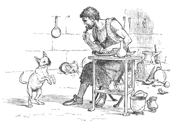 A puppy begs for food from his master who is a coppersmith.