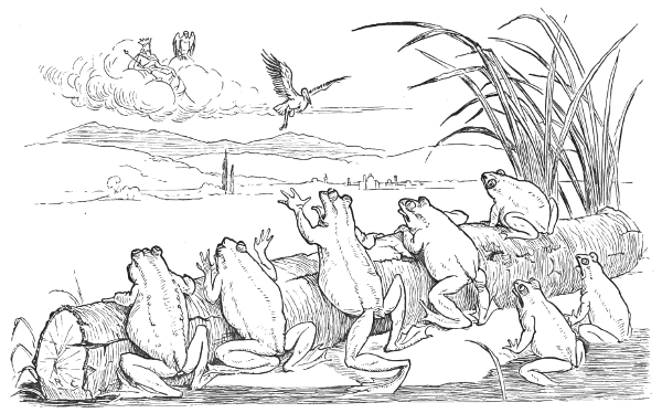 Some frogs sitting on a log about to be eaten by a stork. Zeus looks on from afar.