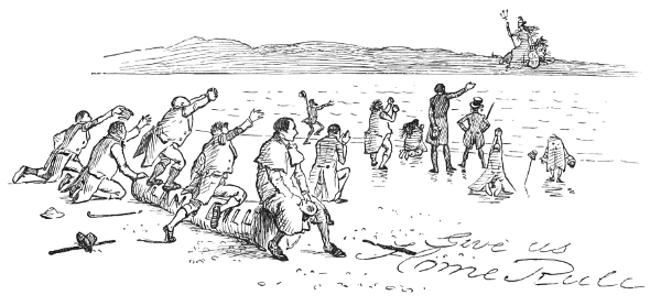 Along a shoreline, Irish men sit on a log on which the words 'land bill' are written. They are pleading with Britannia to give them home rule.