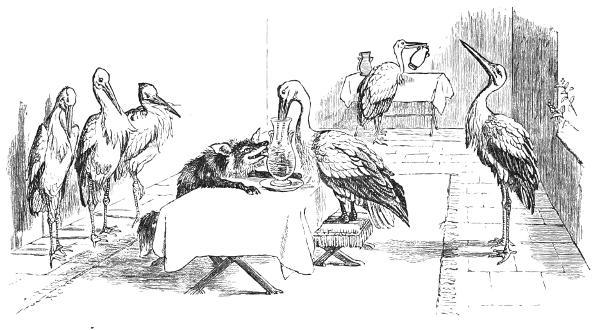 A stork eating soup from a jug at dinner party while a fox watches.