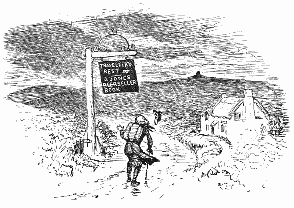 A weary man approaches an inn during a storm. He passes a sign for the inn in which the words 'J.J. Jones Beerseller' have been changed to 'J.J. Jones Bookseller.'