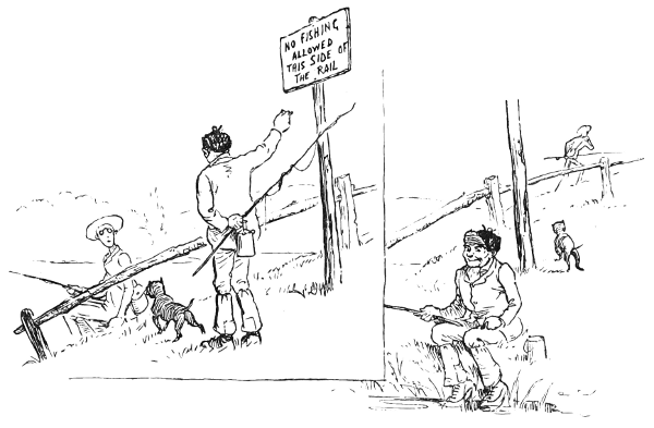 Frame 1: A boy is fishing. An older man points out the 'no fishing' sign. Frame 2: The older man is fishing in the same location.
