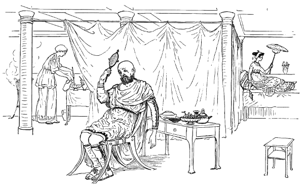 A man looks at his bald head in his reflection while his two wives busy themselves in the background.