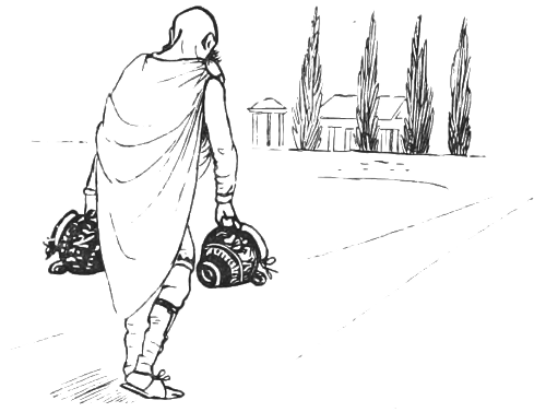A bald man approaches his home with two vases.