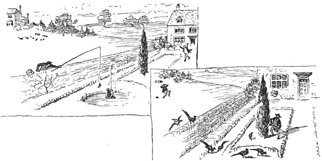 Frame 1: A man fishes over his neighbour wall while birds sit in his yard. Frame 2: The man that was stolen from prepares to shoot the same birds that are now in his yard.