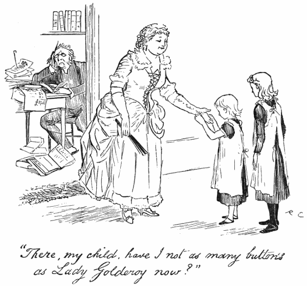 A woman shows her daughters her fine buttons. Her husband sits at his desk, which is covered with piles of papers. He looks exasperated. The caption says: “There my child, have I not as many buttons as Lady Golderoy now?”