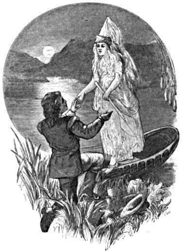 The young farmer kneels before the lake maiden