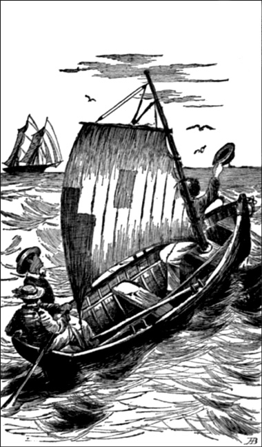 Harry pointed seaward, toward the brigantine,
moving through the water slowly.—(See page 9.)