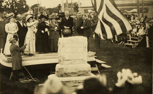 Unveiling of Monument at Kearney, Nebraska, in commemoration of the Oregon Trail

Left to right: Mrs. Ashton C. Shallenberger, Governor Shallenberger, Mrs. Oreal S. Ward, State Regent Nebraska
Society, Daughters of the American Revolution; Mrs. Andrew K. Gault, Vice-President General, National
Society, Daughters of the American Revolution; Mrs. Charles O. Norton, Regent Ft. Kearney Chapter, Daughters
of the American Revolution; John W. Patterson, Mayor of Kearney; John Lee Webster, President Nebraska
State Historical Society; Rev. R. P. Hammons, E. B. Finch, assisting with the flag rope