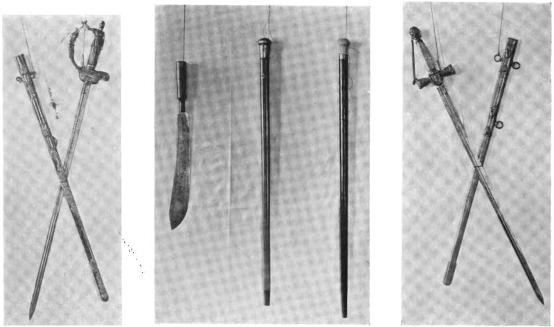 Plate LVI.—Sword given by the State of New Hampshire to President Pierce; Bowie Knife used at Barbecue given at Hillsboro for Pres. Pierce and Canes presented to him by Notable Personages; Sword presented by ladies of Concord, to President Pierce.
