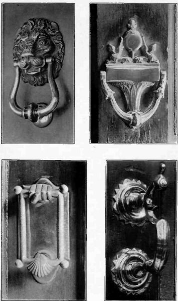 Plate VIII.—16th Century Knocker, Lion type, Striker of
first type; Georgian Urn type, in use on modern house; Mexican Knocker of the Hammer type; Hammer type Knocker, 18th Century, Charles P. Waters House.