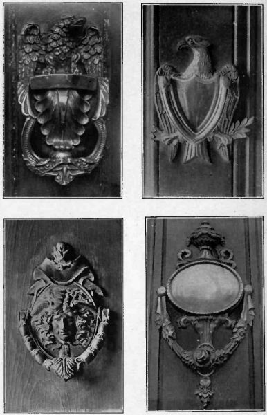 Plate IX.—Eagle Knocker; Eagle Knocker, Rogers House, Danvers, Mass.; Medusa head, elaborate early type; Garland type of Knocker.
