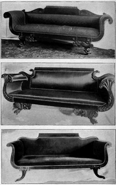 Plate XXVII.—Empire Sofa; Cornucopia Sofa; Sofa in Adams style, about 1800.