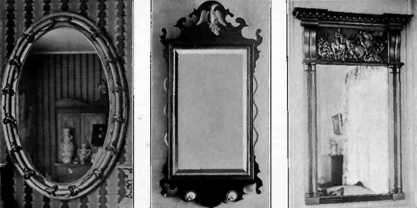 Plate XLIV.—Oval Mirror, showing Acanthus leaves, once on Cleopatra's Barge, the first pleasure yacht built in America; Mirror, 1710, resting on ornamental knobs; Mirror, 1810, in Dudley L. Pickman House.