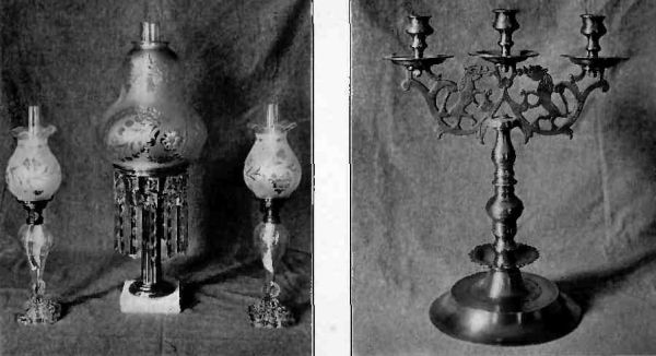 Plate L.—Astral Lamps, 1778; English brass branching Candlestick, showing Lions.
