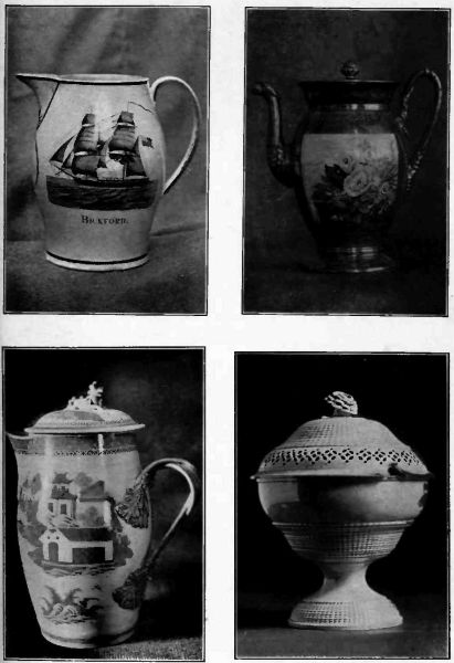 Plate LIV.—Liverpool Pitcher, showing Salem Ship; Old Chelsea Ware; Canton China Teapot; Wedgwood, with Rose decoration. Very rare.