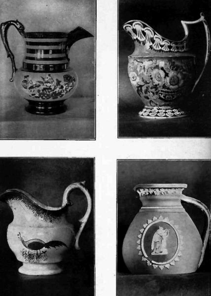 Plate LV.—Gold Luster Pitcher; Staffordshire Pitcher with Rose decoration; Peacock Delft Pitcher; Jasper Ware Wedgwood Pitcher. Blue and White.
