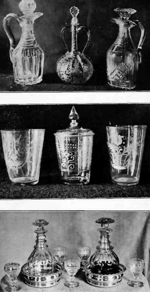 Plate LVII.—Venetian and English Decanters; Toddy glasses, about 1800; English Glass with Silver Coasters. Very old.