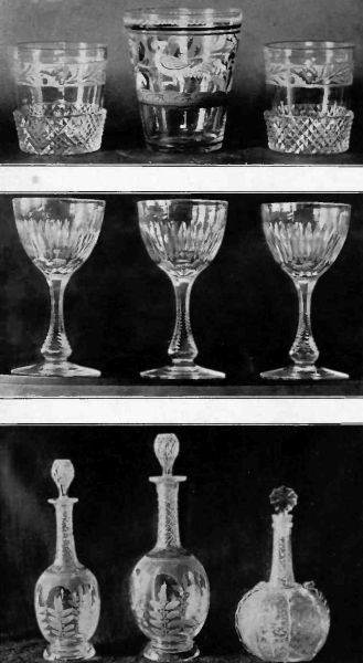Plate LX.—Bohemian Glass. The center one is rare, showing figure of Peacock in Red and White; English Cut Glass Wineglasses, 1790; English Glass Decanters. Very fine and rare.