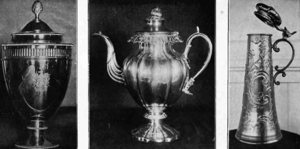 Plate LXII.—Old Silver Coffee Urn with Pineapple finial; Sheffield Plate Teapot, formerly owned by Thomas Jefferson; Tall Silver Pitcher, of flagon influence.