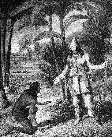 Illustration of "Robinson Crusoe"
by George Cruikshank which serves as a
Frontispiece to Major's Edition of
Defoe's Romance, 1831