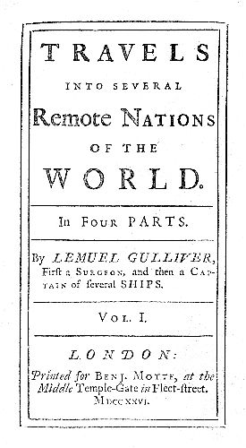 Facsimile of the Title Page
of the First Edition of "Gulliver's Travels"
Issued in 1726, which Scored As Great
a Popular Success As Defoe's
"Robinson Crusoe"