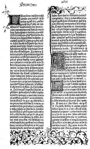 A Page from the Gutenberg Bible
(Mayence, 1455)
Noteworthy as the First Bible Printed from
Movable Type and the Earliest
Complete Printed Book