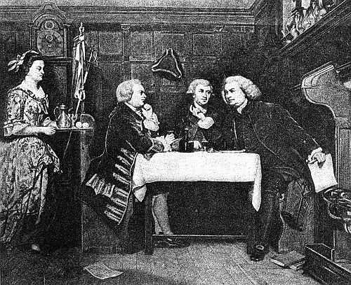 Painting by Eyre Crowe
of Dr. Johnson, Boswell and
Goldsmith at the Mitre
Tavern, Fleet Street
the Scene of many Word
Combats between the Doughty
Doctor and His
Associates