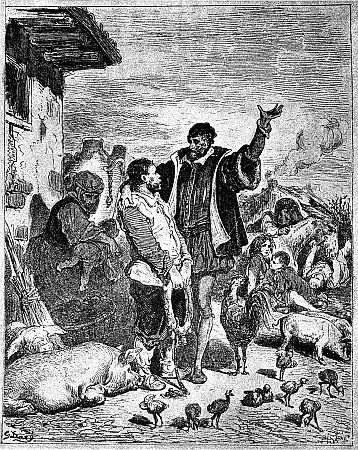 Don Quixote Discoursing
to Sancho Panza in the Yard of the Inn which
the Knight Imagined was a Lordly Castle
From Gustave Dor's Illustrations
in the Clark Edition