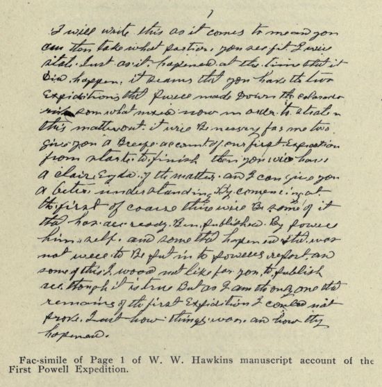 Fac-simile of Page 1 of W. W. Hawkins manuscript account of the First Powell Expedition.