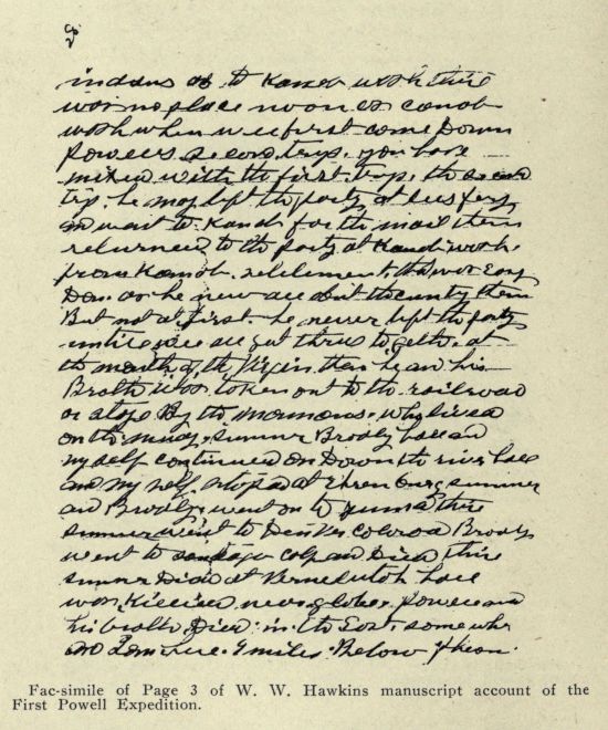 Fac-simile of Page 3 of W. W. Hawkins manuscript account of the First Powell Expedition.