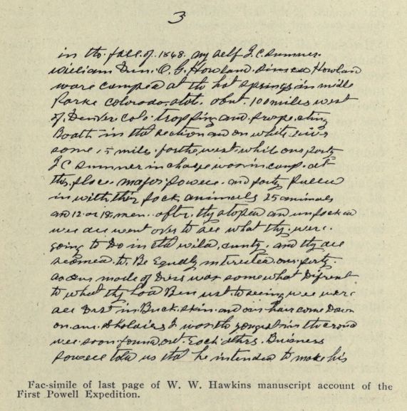 Fac-simile of last page of W. W. Hawkins manuscript account of the First Powell Expedition.
