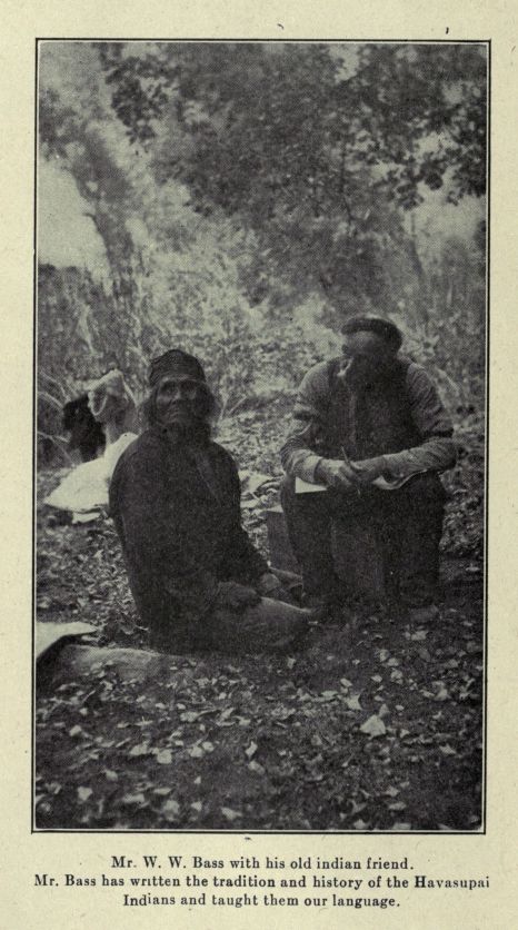 Mr. W. W. Bass with his old indian friend.  Mr. Bass has written the tradition and history of the Havasupai Indians and taught them our language.