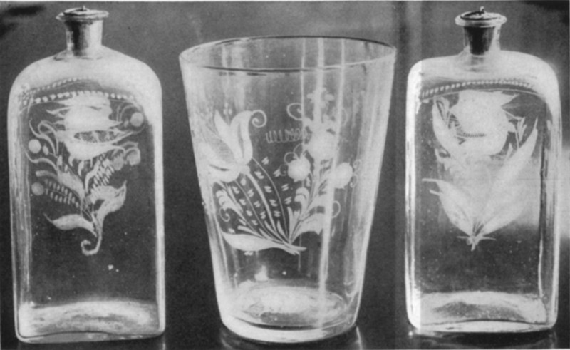 Large Flip Glass and Two Liquor Bottles. Stiegel Glass, American, XVIII Century. Large Flip Glass and Two Liquor Bottles. Stiegel Glass, American, XVIII Century.