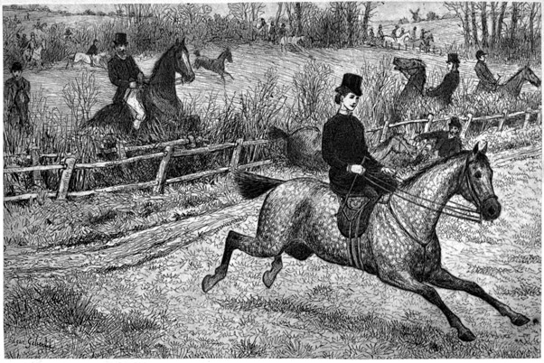 A hunting scene with a woman riding sidesaddle in front and other horses refusing the fence in the background.
