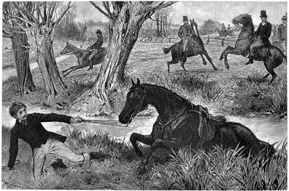 A horse struggling to climb out of the ditch where it has fallen, to join its thrown rider. Other horses refusing the ditch in the background.