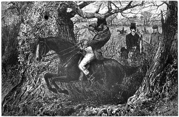A horse with rider jumping between two trees.
