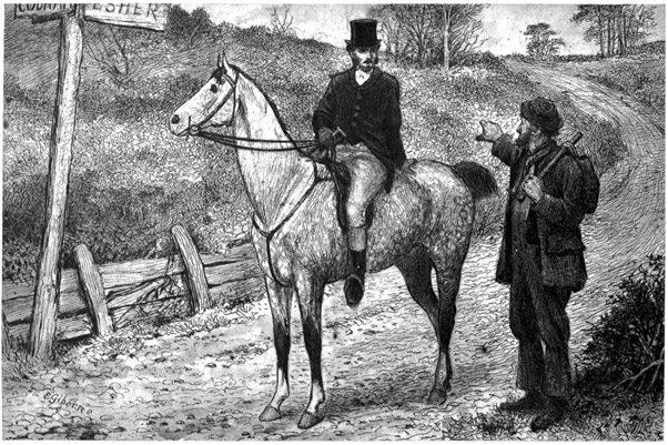 A man on a horse talking to a man on foot with a bundle over his shoulder.