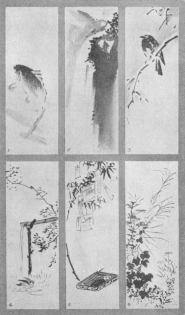 Carp (1). Waterfall (2). Crow and Snow (3). Kakehi (4). Tanabata (5). Autumn Grasses (6). Plate LIX.