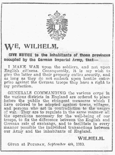 The above is a copy of the German Imperial Decree,
printed in English, which was posted by unknown German
agents in London, and which appeared everywhere
throughout East Anglia and in that portion of the Midlands
held by the enemy.