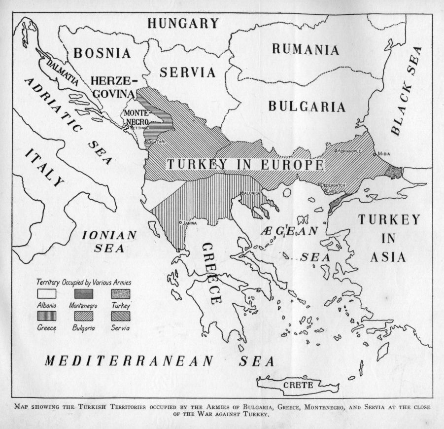 Map showing the Turkish Territories occupied by the Armies of Bulgaria, Greece, Montenegro, and Servia at the close of the War against Turkey.
